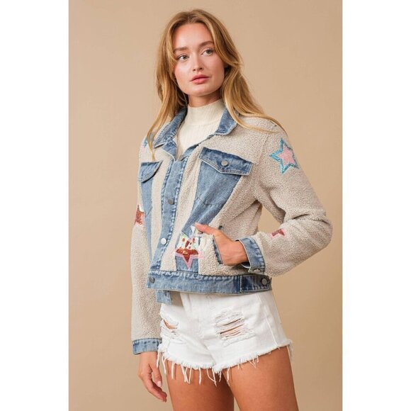 Teddy Denim Contrast Yee Haw Sequin Star Jacket - Picture 5 of 16